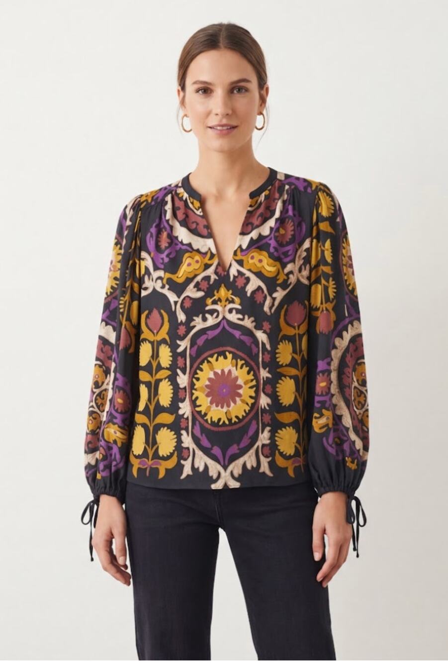 ba&sh Suzanne Blouse Suzani Print Balloon Sleeve Boho V-Neck Top Medium EUC